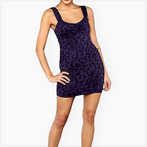 Free People Purple Black Floral Textured Stretch Knit Empire Sleeveless Dress L - Picture 1 of 5